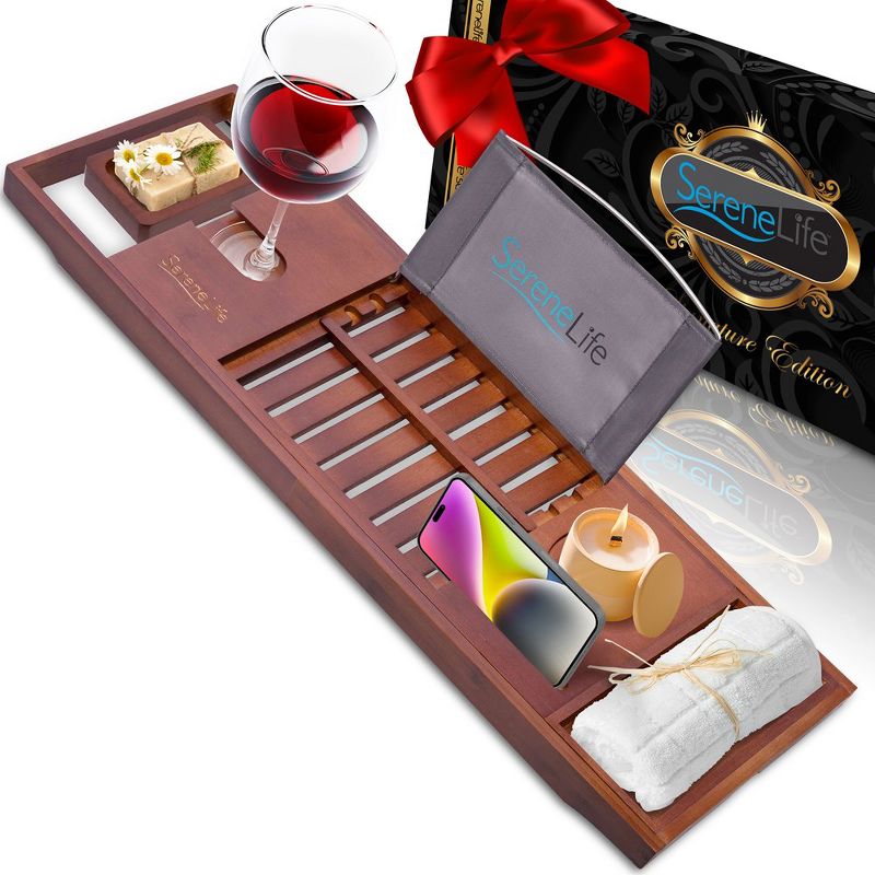 SereneLife Bamboo Bathtub Caddy with Luxury Gift Box and Red Gifting Ribbon Extendable & Adjustable Tray (Stain Brown), 1 of 8