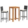 vidaXL 3-Piece Patio Bar Set-Black Poly Rattan & Solid Acacia Wood Table-Square Outdoor Garden Furniture with Cream White Cushions - 2 of 4