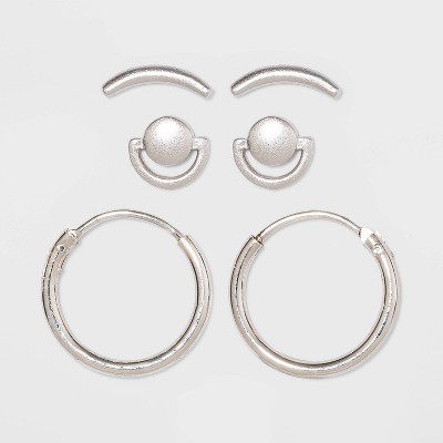 Sterling Silver Curve Stud and Hoop Earring Set 3pc - Universal Thread™ Silver