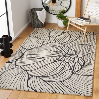 Hand-Tufted Black and Ivory Wool Floral Area Rug