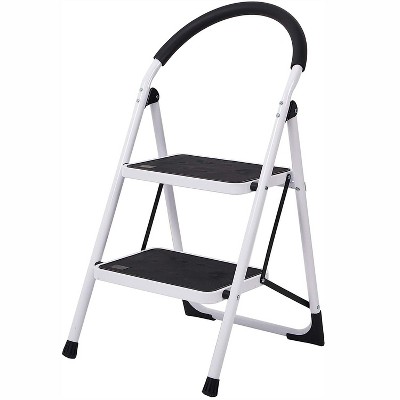 Cesicia Silver 2-Step Folding Ladder with Soft Grip Handle and Anti-Slip Wide Pedal