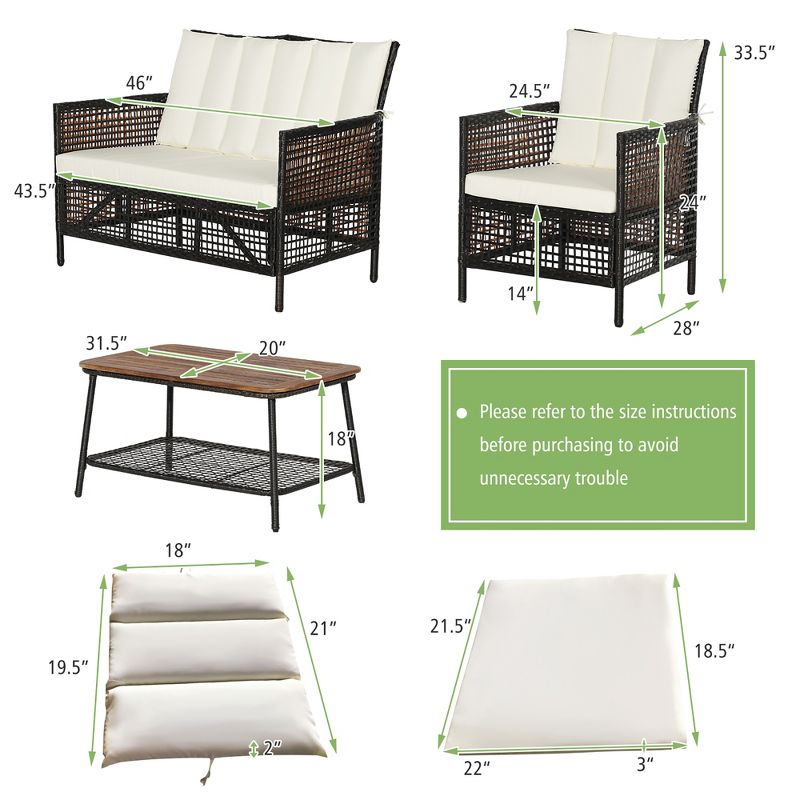 Costway Patiojoy 4PCS Patio Rattan Furniture Set Cushioned Chairs Wood Table Top W/Shelf, 4 of 11