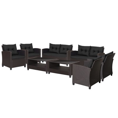Tangkula 8PCS Outdoor Conversation Set Patio PE Rattan Set w/ Glass Table & Sofa Cushions
