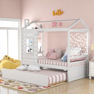 Whisen Twin Size House Bed Wood Bed with Trundle, Kid-Friendly Design - White - 1 of 4