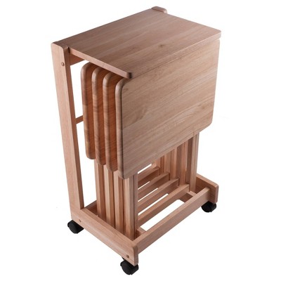 Natural Wood 5-Piece Snack Table Set with Serving Cart