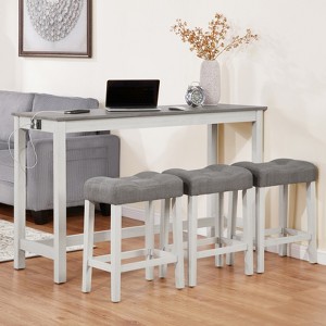 Vynxaria 59" Bar Table Set with USB/Type-C Ports Rustic Faux Wood Table and Beige Linen Stools, Sturdy Rubber Wood Legs - 1 of 4