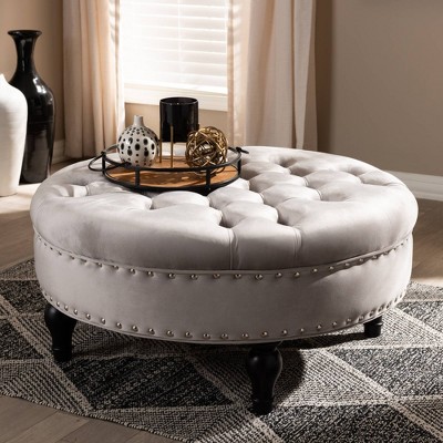 Palfrey Velvet Fabric Upholstered Button Tufted Cocktail Ottoman Gray - Baxton Studio: Eucalyptus Wood, Antique Brass Studs