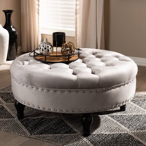 Palfrey Velvet Fabric Upholstered Button Tufted Cocktail Ottoman Gray - Baxton Studio: Eucalyptus Wood, Antique Brass Studs - 1 of 4