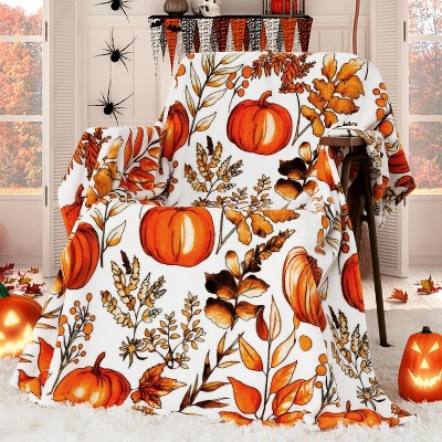 Halloween Fleece Throw Blanket, Pumpkin, Leaves Fall Plaid Blanket, Soft Fuzzy Plush for Couch Sofa or Bed, Luxury Flannel Lap Blanket