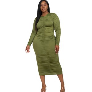 Slickblue Plus Size Long Sleeve Midi Dress with Side Ruching, Stretch Jersey Fabric, 5 Color Options, Size 1XL-3XL - 1 of 4