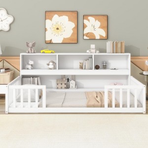 Twin Size Floor Bed Frame, Toddler Bed with Bedside Bookcase, Shelves, Opening Guardrails, Modern Wood Floor Bed for Kids Bedroom, White - 1 of 4