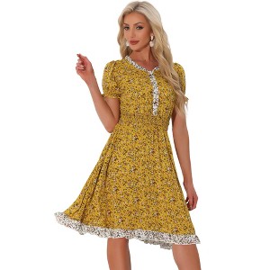 Allegra K Women's Floral Ruffle Neck Smocked Waist Short Sleeve Sundress - 1 of 4