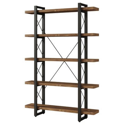 Resenkos Rustic Wood & Iron Bookshelf, 5-Tier Display Shelf, Storage Rack for Living Room, Brown Brown And Black