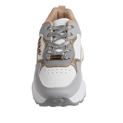 Женские кроссовки Bebe Women's Fashion Lace-Up Platform Shoes Chunky Sneakers with Mixed Material Upper and Logo Rivet, Grey Multi, 11 — фото 4