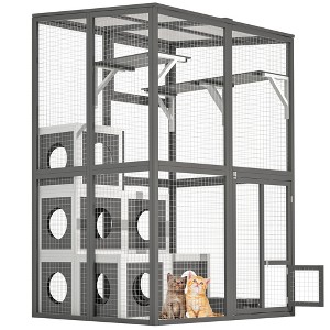 phiestina Outdoor Wooden Cat Cage, Large Solid Wood Cat Playpen with 2 Platforms & 7 Houses, Walk-in Kennel Shelter, Grey - 1 of 4