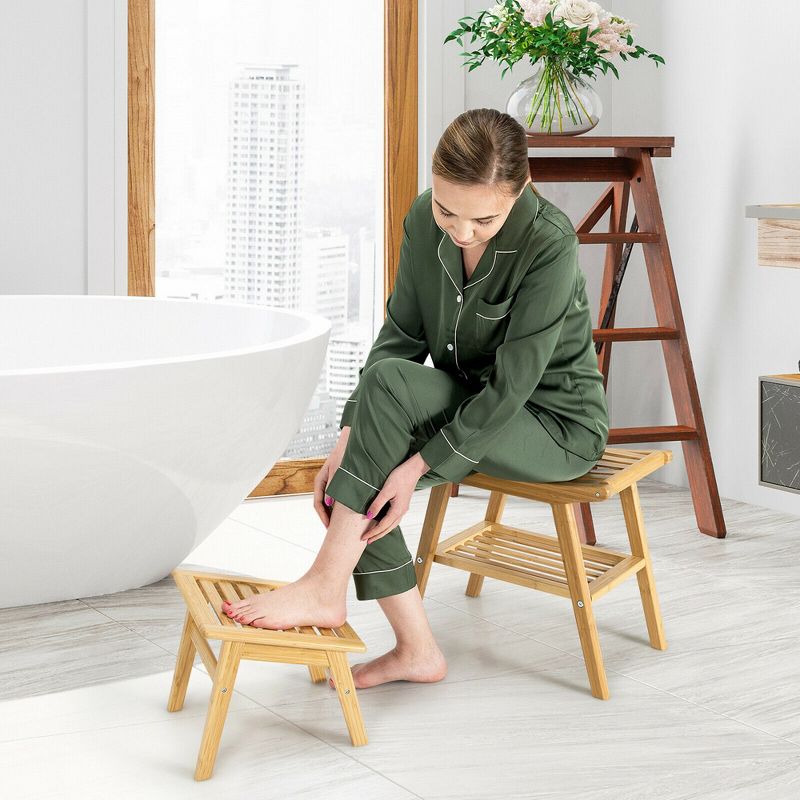 Costway Bamboo Shower Bench with Foot Stool Shower Seat Bench with Underneath Storage Shelf Spa Bath Chair, 2 of 10