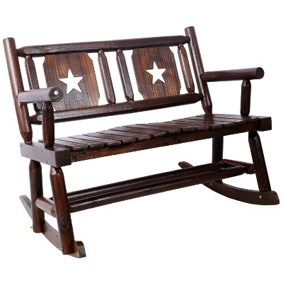 Dracelo Outdoor Wood Rocking Bench Carbonized Double Rocking Chair for 2 Persons with Wide Curved Seat