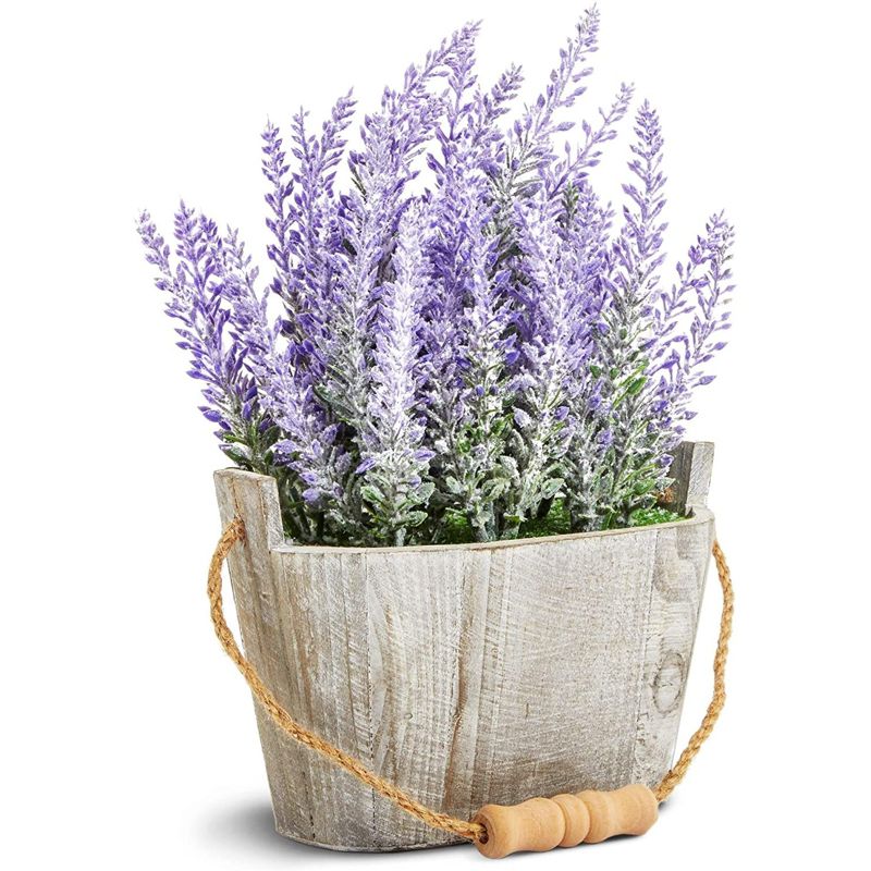Artificial Lavender Fake Flower Plant in Rustic Oval Wooden Box for Decorations, 1 of 9