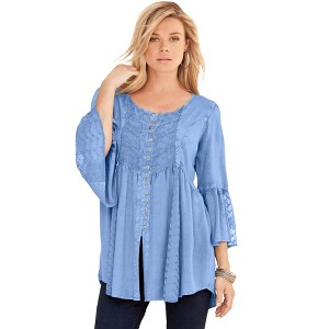 Roaman's Women's Plus Size Taylor Acid Wash Big Shirt - 1 of 4