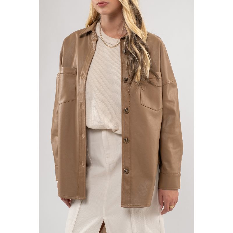 August Sky Women's Faux Leather Oversized Button Up Shacket, 4 of 10