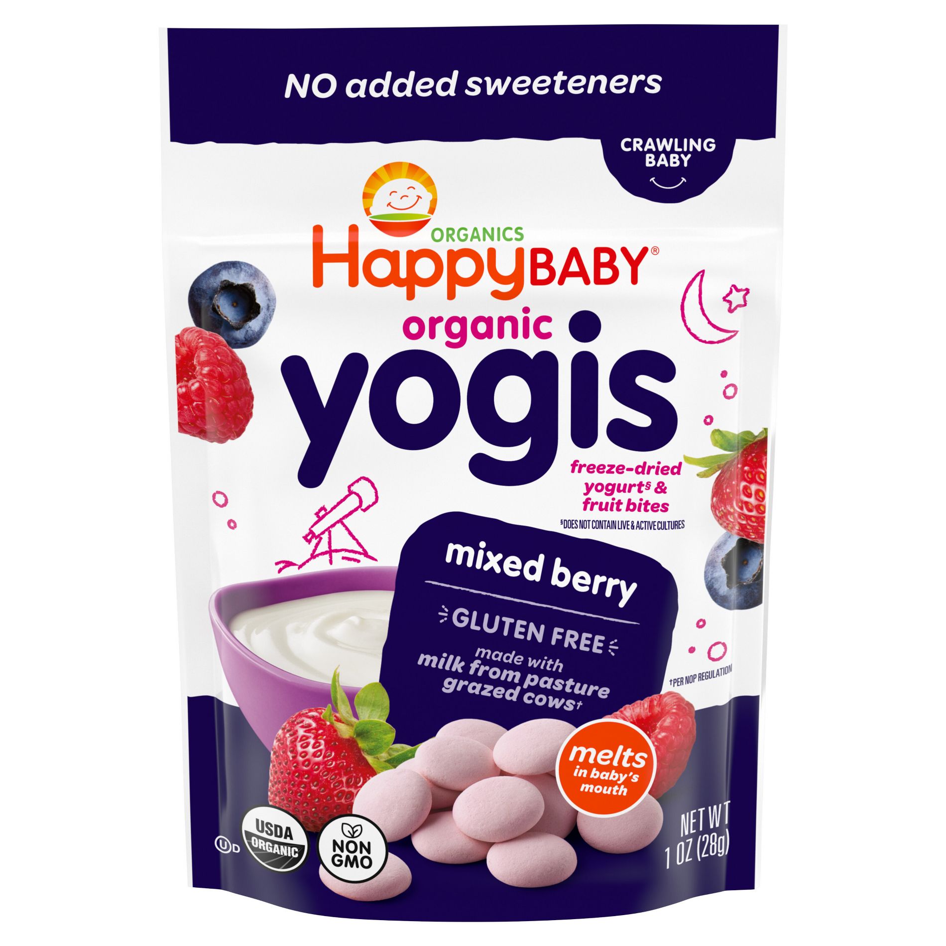 Happy Baby Organic Yogis Freeze-Dried Yogurt & Fruit Baby Snacks - Mixed Berry - 1oz: 9 Months and Up, 3rd Stage, Ready to Eat