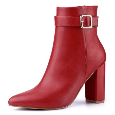 Allegra K Women's Pointed Toe Buckle Decor Heel Ankle Boots