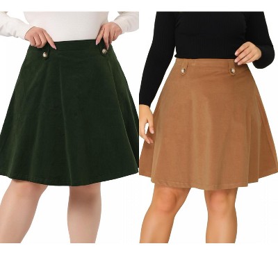 Agnes Orinda Women's Plus Size Tie Waist Button Front Pockets A-Line Midi Denim Skirts 2 Pcs