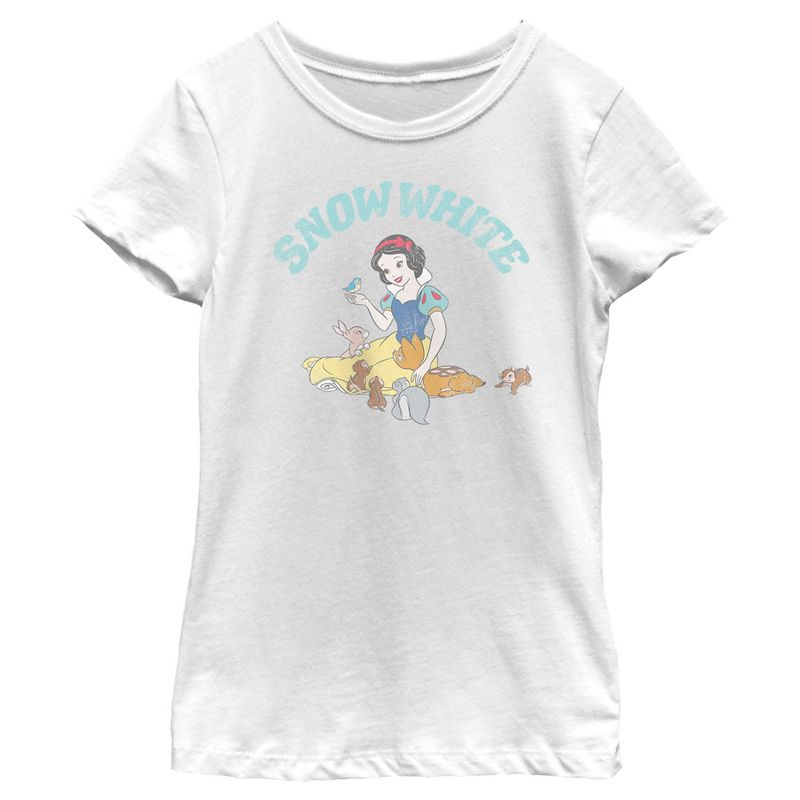 Girl's Snow White and the Seven Dwarves Distressed Woodland Animals T-Shirt, 1 of 5