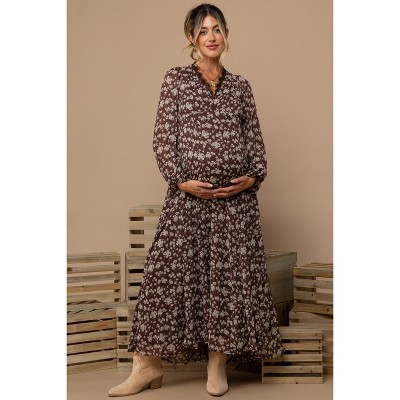 PinkBlush Brown Floral Chiffon Lace Trim Back Tie Maternity Maxi Dress