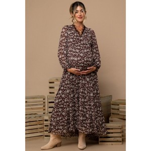 PinkBlush Brown Floral Chiffon Lace Trim Back Tie Maternity Maxi Dress - 1 of 4
