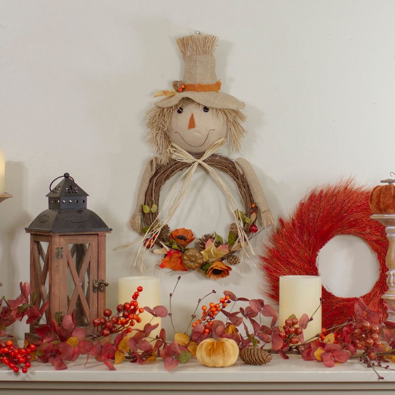 Northlight 20" Tan and Orange Fall Harvest Scarecrow Wreath Wall Decor, 2 of 5