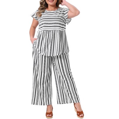 Women's Plus Size 2 Piece Set Boho Floral Printed Babydoll Blouses and Elastic Waist Stripe Wide Leg Pants Sets - Agnes Orinda