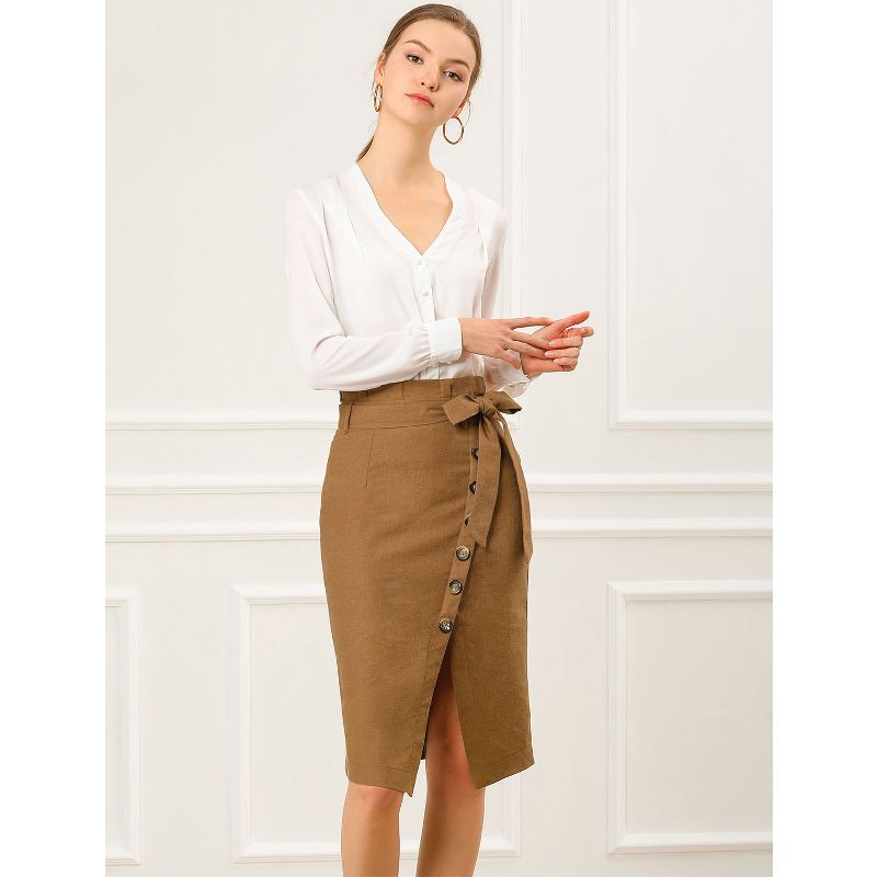 Allegra K Women's Vintage Button Decor Belted Split Front Knee Length Pencil Skirt, 4 of 8
