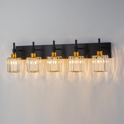 LLHZSY 3/4/5 Light Modern Dimmable Crystal Bathroom Vanity Light Wall Sconces with Crystal Shades - Black and Gold/Chrome