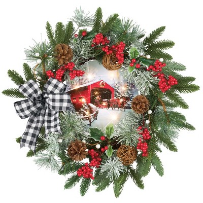 Collections Etc Lighted Covered Bridge Wreath with Checkered Bow