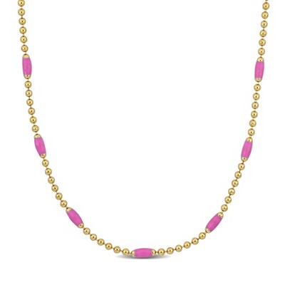 EVERLY JEWELRY | Yellow Plated Sterling Silver 1.5mm Ball Link Necklace with Pink enamel, 15 inc+2 inc ext.