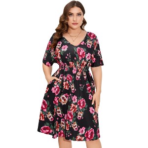 Women's Plus Size Summer Dresses Loose Floral Print Ruffle Mini Flowy Dress - 1 of 4