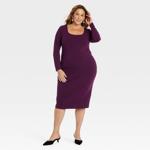 Women s Long Sleeve Midi Bodycon Dress Ava Viv Purple Xxl Target