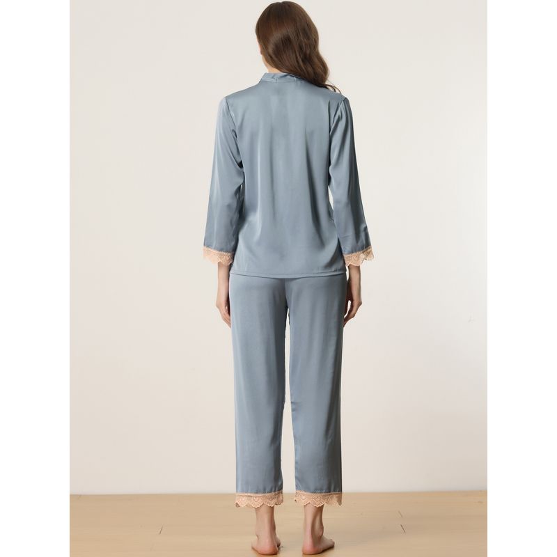 cheibear Womens Long Sleeve Lace Trim Satin Button Shirt Pants Matching Couple Pajama Sets Sleepwear, 4 of 7