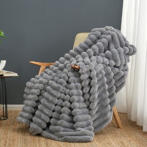 Cozy Bliss  Striped Faux Fur Throw Blanket, Cozy Warm Plush Decorative Blanket - 1 of 4