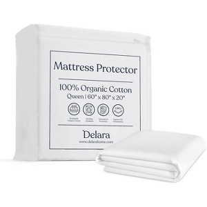 Delara Organic Cotton Waterproof Mattress Protector, GOTS Certified, Soft Cooling Noiseless Breathable Cover, Fits 20 Inch Deep Pocket - 1 of 4