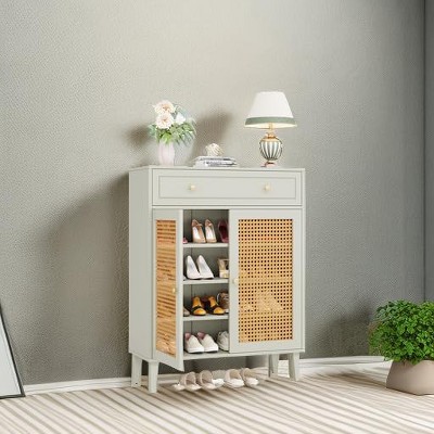 Mint Green Wooden Shoe Cabinet with Rattan Doors and Drawer