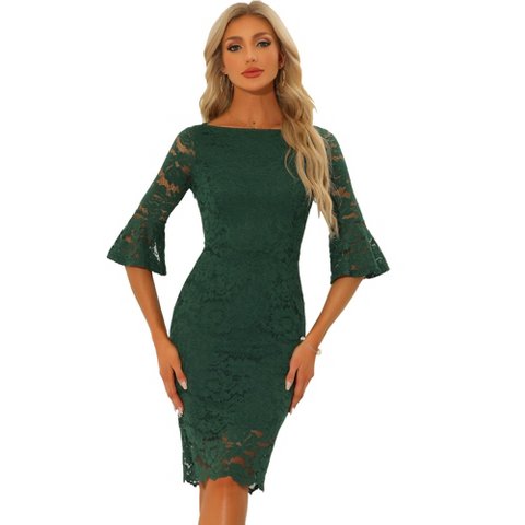 Женские платья INSPIRE CHIC Women's Bell Sleeve Boat Neck Vintage Cocktail Lace Sheath Dress Dark Green X-Small