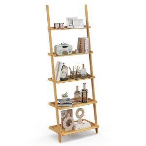 Tangkula 5-Tier Bamboo Ladder Shelf Wall-Leaning Bookshelf Display Bookcase Storage Rack - 1 of 4