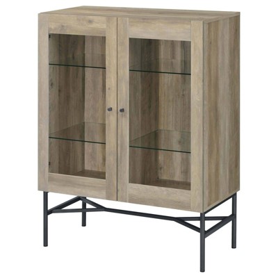 Light Brown Pine 2-Door Glass Display Cabinet