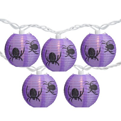Northlight 10-Count Purple and Black Spider Paper Lantern Halloween Lights, 8.5ft White Wire