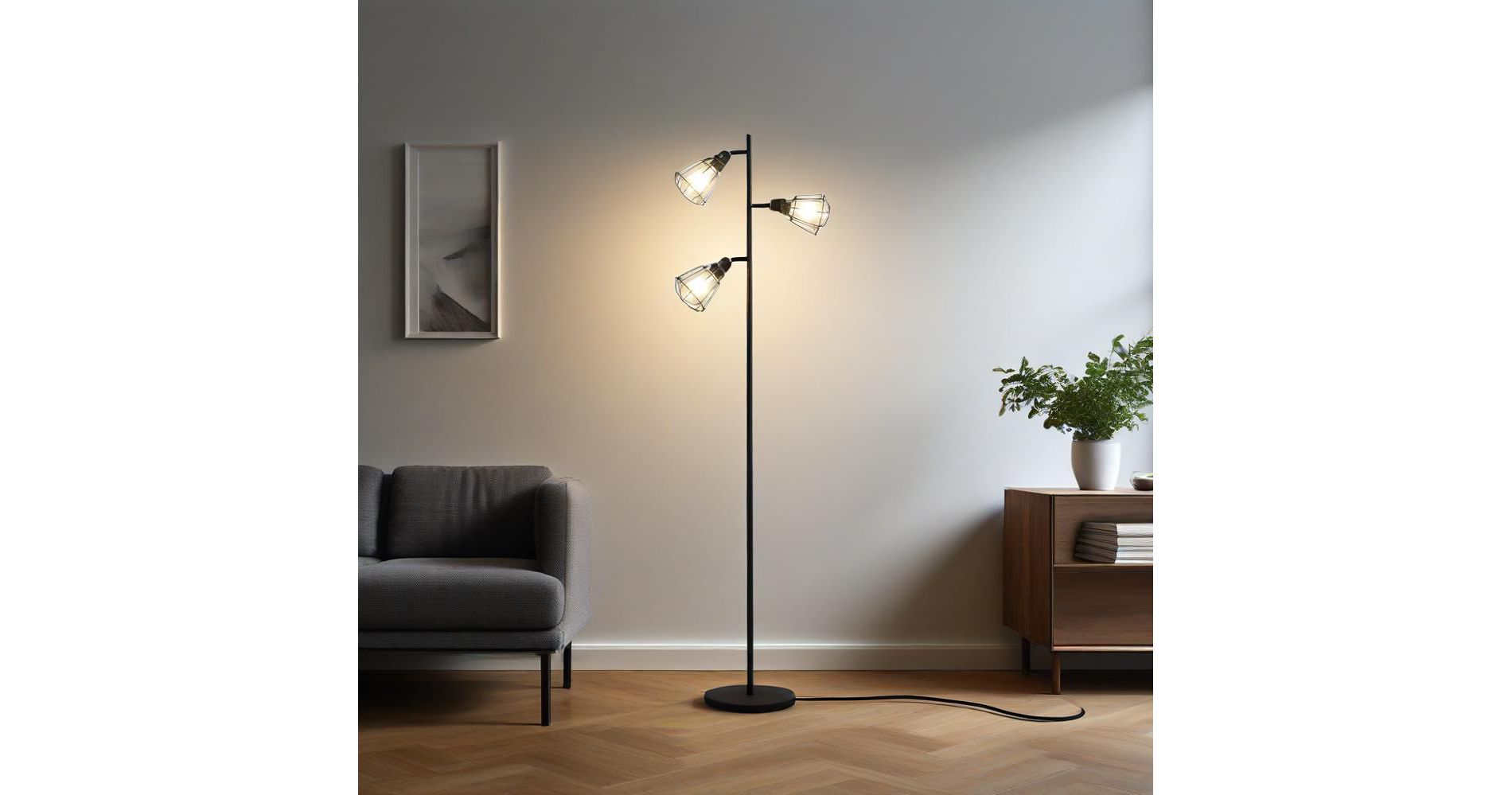 65" Industrial Cage Floor Lamp – Matte Black, Adjustable Shades,  Step-On Switch
