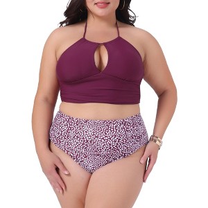 Agnes Orinda Women's Plus Size Halter Ruched Polka Dots High Waisted 2 Piece Swimsuit Tankini Set - 1 of 4