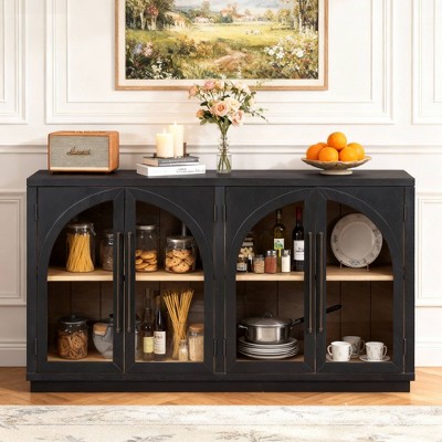 Luxystar 4-Door Sideboard Buffet Cabinet with Large Storage, Glass Doors and Adjustable Shelves for Dining and Living Room, Black