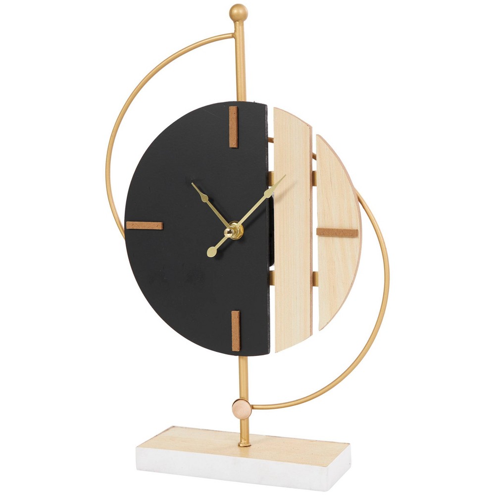 14"x9" Wooden Geometric Two-Toned Clock with Wood Accents and Gold Semi-Circle Frame Black - CosmoLiving by Cosmopolitan: Silent Mechanism
